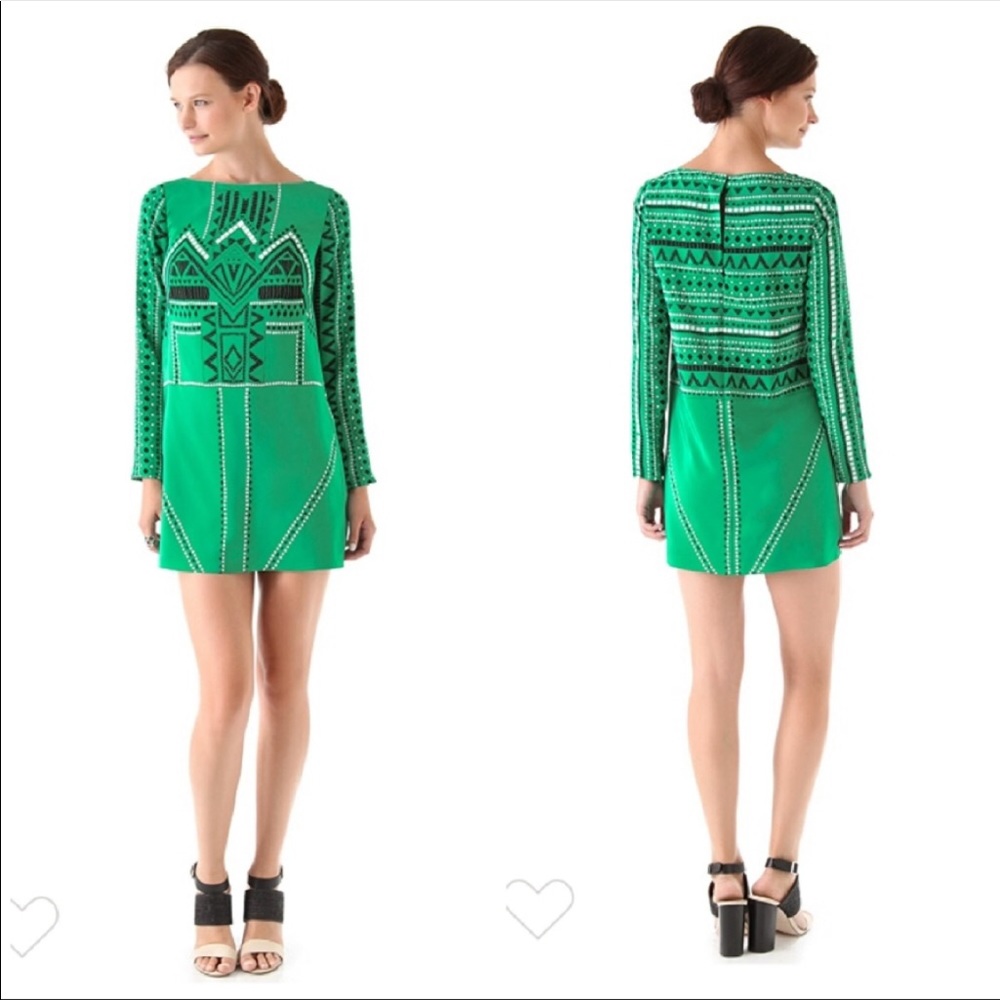 RARE Tibi Emerald Green Dress Silk Art Deco Geometric Black & White Mini Sz2